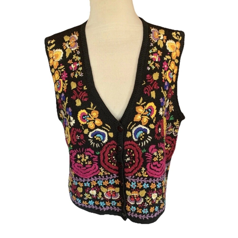 Vintage Y2K Hand Embroidered Knit Sweater Vest Boho Hippy Casual Corner Sz Large